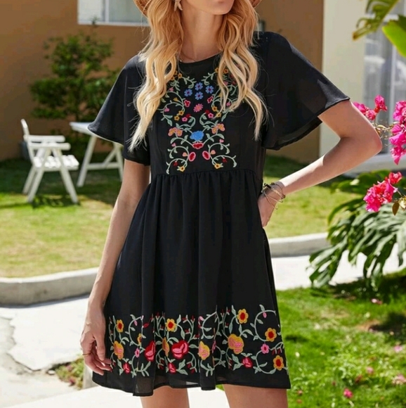 SHEIN Dresses & Skirts - Black Multicolor Stitch Floral Embroidered Mini Dress